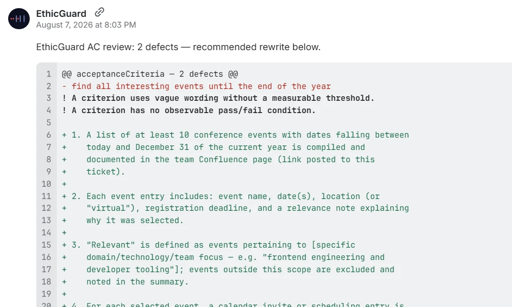 EthicGuard's review comment on a Jira story: the original criterion, two defects named, and a rewrite